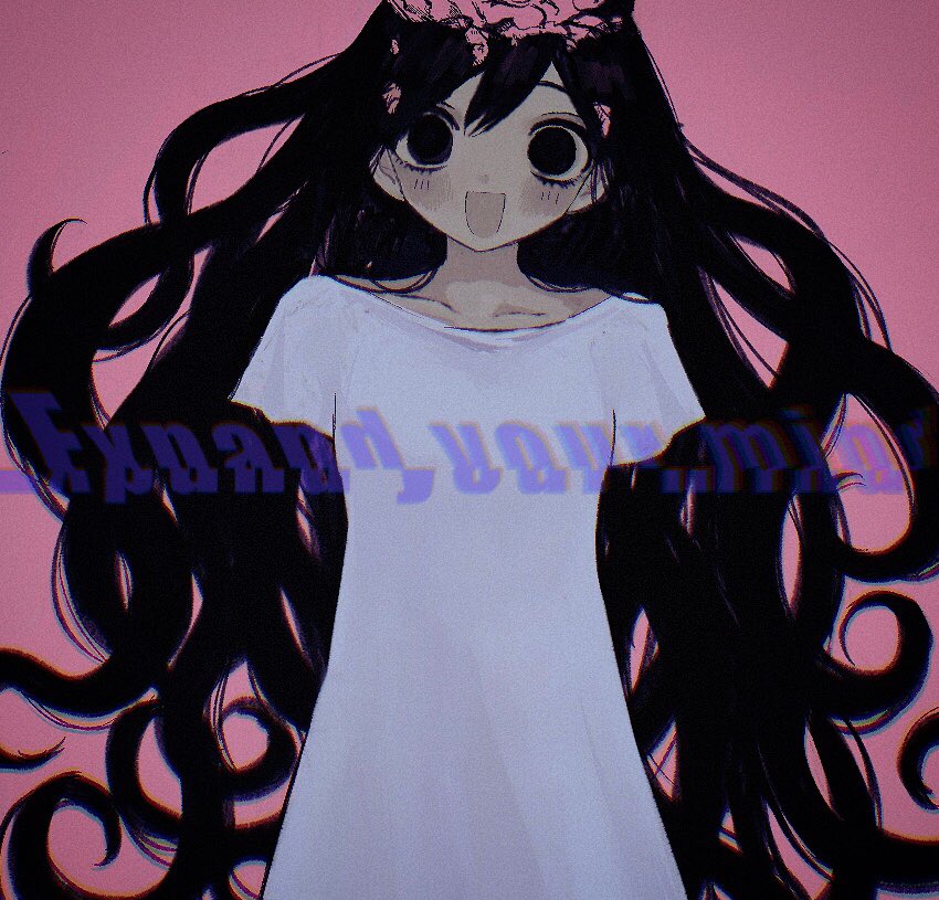 zrk zzzz, mari (omori), omori, commentary, spoilers, symbol-only commentary, 1girl, :d, amputee, armless amputee, black eyes, black hair, brain, chromatic aberration, collarbone, double-parted bangs, double amputee, dress, empty eyes, english text, exposed brain, film grain, glitch, hair behind ear, hair between eyes, long hair, mari? (omori), messy hair, no pupils, open mouth, pink background, short sleeves, simple background, smile, solo, straight-on, upper body, very long hair, vignetting, white dress