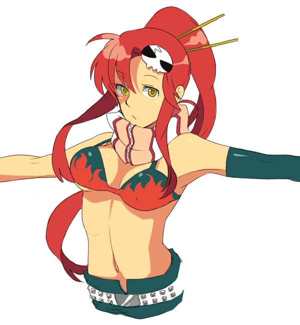 i (kaiyou), yoko littner, tengen toppa gurren lagann, 00s, armpits, belt, bikini, bikini top only, brown eyes, gloves, hair ornament, long hair, midriff, ponytail, red hair, scarf, solo, swimsuit, yellow eyes