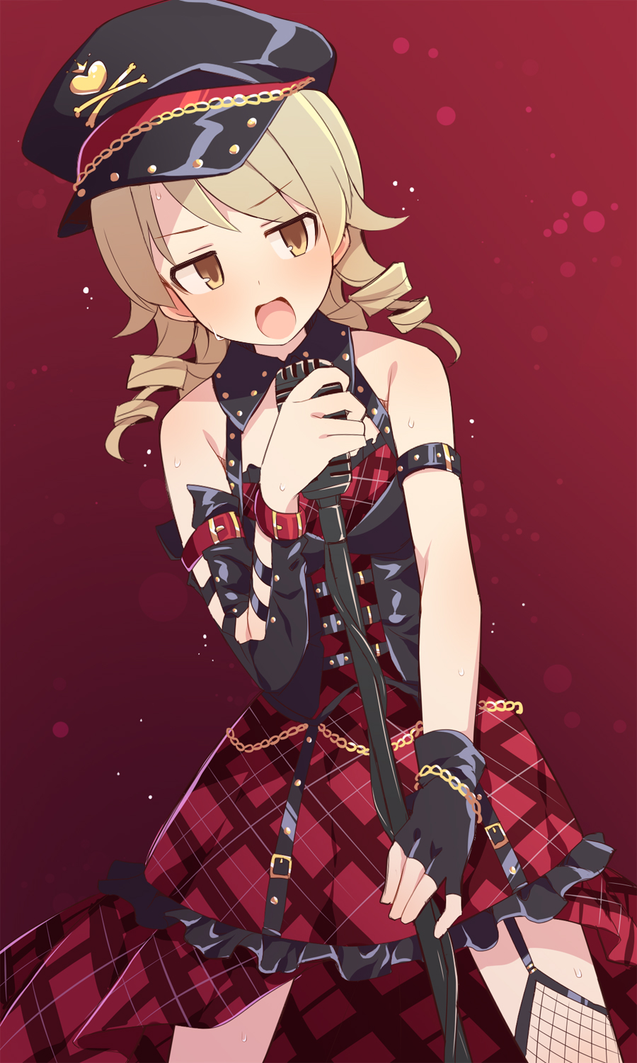 uccow, julia (idolmaster), morikubo nono, idolmaster, idolmaster cinderella girls, idolmaster million live!, idolmaster million live! theater days, commentary request, highres, revision, 1girl, bare shoulders, black gloves, black hat, black sleeves, bloody beat (idolmaster), blush, bone, brown eyes, brown hair, cosplay, detached sleeves, dress, fingerless gloves, frilled dress, frills, gloves, gradient background, hat, heart, in-franchise crossover, julia (idolmaster) (cosplay), long hair, open mouth, peaked cap, plaid clothes, plaid dress, red background, red dress, ringlets, single detached sleeve, single glove, sleeveless, sleeveless dress, solo, sweat, v-shaped eyebrows