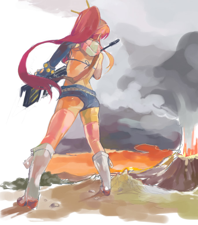 i (kaiyou), yoko littner, tengen toppa gurren lagann, 00s, anti-materiel rifle, back, belt, bikini, bikini top only, boots, giant, giantess, gun, legs, long hair, pink thighhighs, ponytail, red hair, rifle, scarf, short shorts, shorts, sniper rifle, solo, swimsuit, thighhighs, volcano, weapon