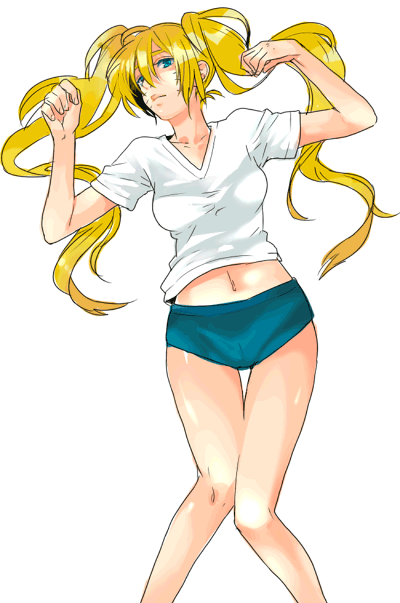 i (kaiyou), naruko (naruto), uzumaki naruto, naruto (classic), naruto (series), 1girl, blonde hair, blue buruma, blue eyes, blue shorts, breasts, breasts apart, buruma, closed mouth, expressionless, facial mark, facing viewer, female focus, genderswap, genderswap (mtf), gym shorts, gym uniform, hair between eyes, hands up, knees together feet apart, legs, legs together, long hair, looking at viewer, lying, medium breasts, midriff, midriff peek, navel, on back, shirt, short sleeves, shorts, simple background, solo, t-shirt, transparent background, twintails, very long hair, whisker markings, whiskers, white background, white shirt