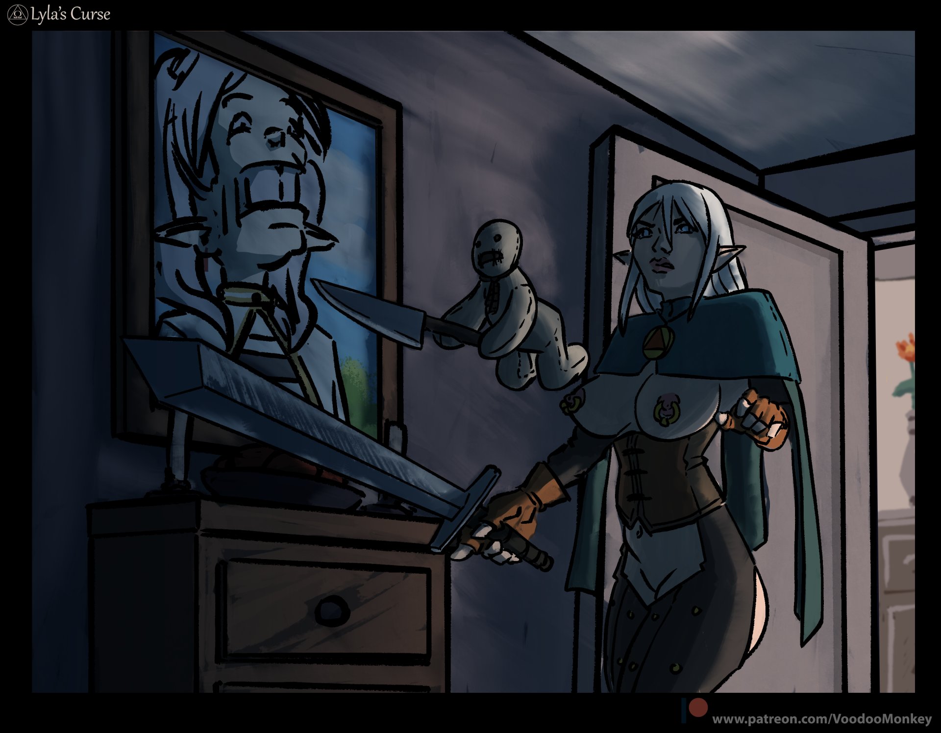 frieren, original, commentary, english commentary, highres, backless pants, breast cutout, breasts, chaps, clothing cutout, corset, elf, exposed clothing, fingerless gloves, gloves, grey hair, holding, holding knife, holding sword, holding weapon, knife, lyla ailwind, lylas curse, nipple piercing, nipple rings, pants, piercing, pointy ears, sword, voodoo monkey, weapon