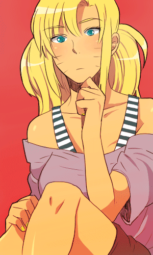 i (kaiyou), naruko (naruto), uzumaki naruto, naruto (classic), naruto (series), lowres, 1girl, black shorts, black skirt, blonde hair, blue eyes, blush, breasts, closed mouth, collarbone, facial mark, facing viewer, female focus, genderswap, genderswap (mtf), hand up, large breasts, long hair, looking at viewer, off shoulder, purple shirt, red background, shirt, short sleeves, shorts, simple background, sitting, skirt, solo, twintails, whisker markings, whiskers