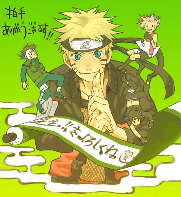 i (kaiyou), haruno sakura, sai (naruto), uzumaki naruto, yamato (naruto), naruto (classic), naruto (series), naruto shippuuden, 1girl, 3boys, aqua eyes, bandages, bike shorts, black hair, blonde hair, blue eyes, chibi, crop top, facial mark, fishnets, floating hair, forehead protector, gloves, gradient background, green background, headband, konohagakure symbol, kuji-in, light smile, looking at viewer, multiple boys, open mouth, pants, pink hair, sandals, scroll, short hair, smile, spiked hair, upside-down, vest, whisker markings