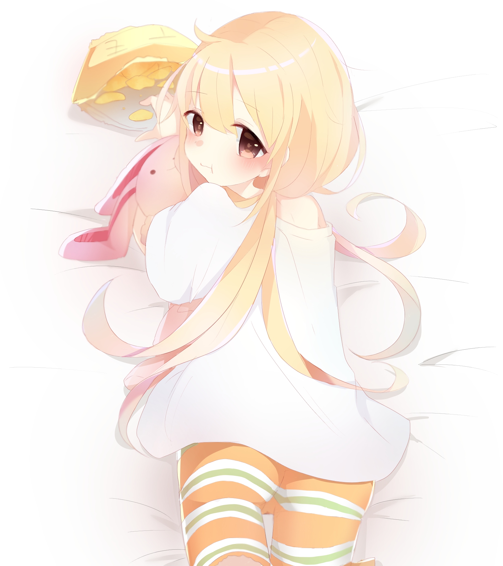 reirou (chokoonnpu), futaba anzu, idolmaster, idolmaster cinderella girls, commentary request, highres, 1girl, bed sheet, blush, brown eyes, chips (food), food, food in mouth, long hair, long shirt, looking at viewer, looking back, low twintails, lying, on stomach, orange pants, pants, potato chips, shirt, short sleeves, solo, striped clothes, striped pants, stuffed animal, stuffed rabbit, stuffed toy, twintails, very long hair, white background, white shirt