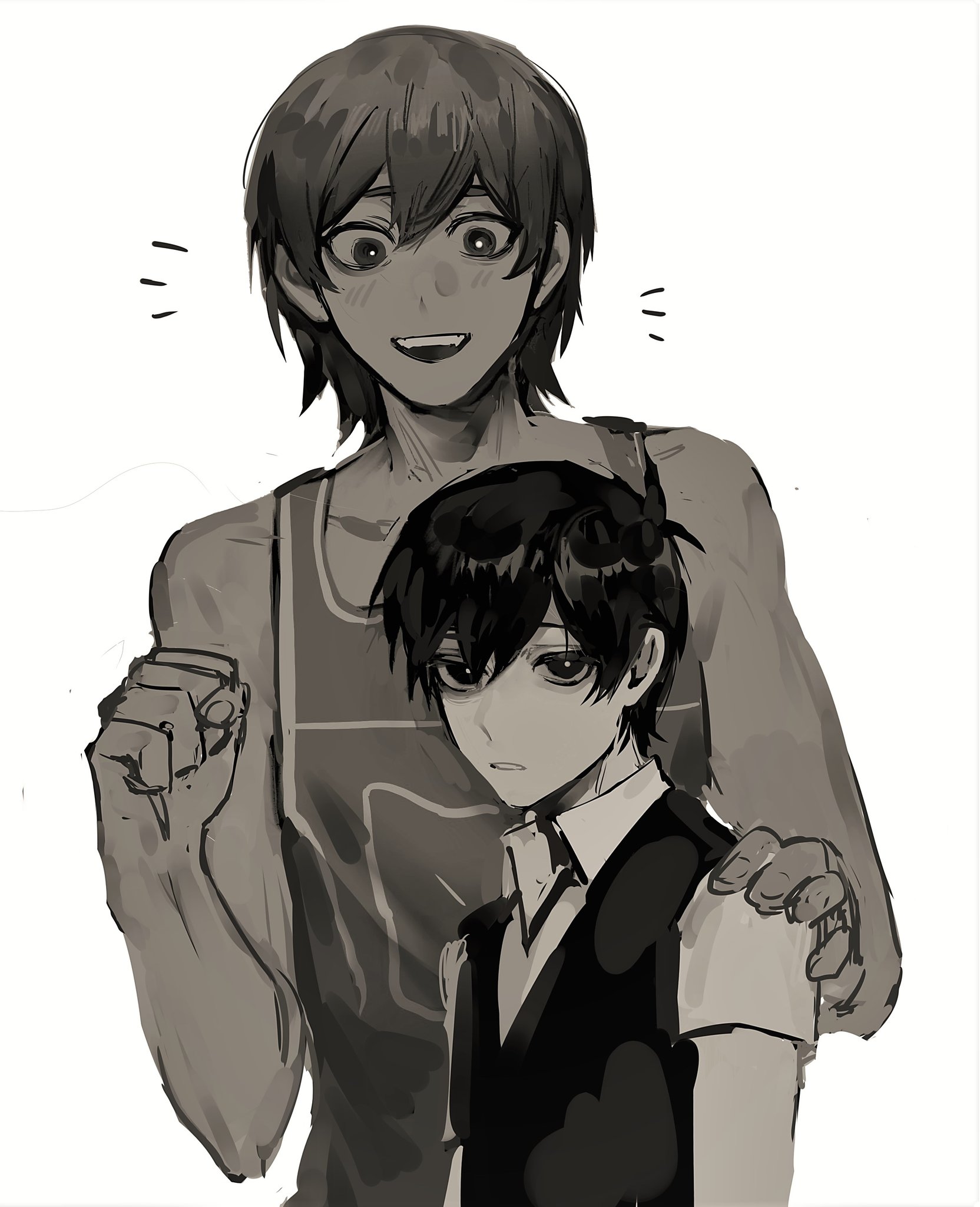 chuan, kel (faraway) (omori), kel (omori), sunny (omori), omori, commentary, highres, symbol-only commentary, 2boys, :d, antenna hair, arms at sides, bags under eyes, bare arms, bare shoulders, bright pupils, clenched hand, clenched teeth, collared shirt, double-parted bangs, fingernails, greyscale, hair behind ear, hair between eyes, hand on another's shoulder, hand up, height difference, looking at another, looking at viewer, looking down, male focus, monochrome, multiple boys, notice lines, open mouth, shirt, short hair, short sleeves, smile, sweater vest, tank top, teeth, toned, toned male, upper body, upper teeth only, upturned eyes, very short hair