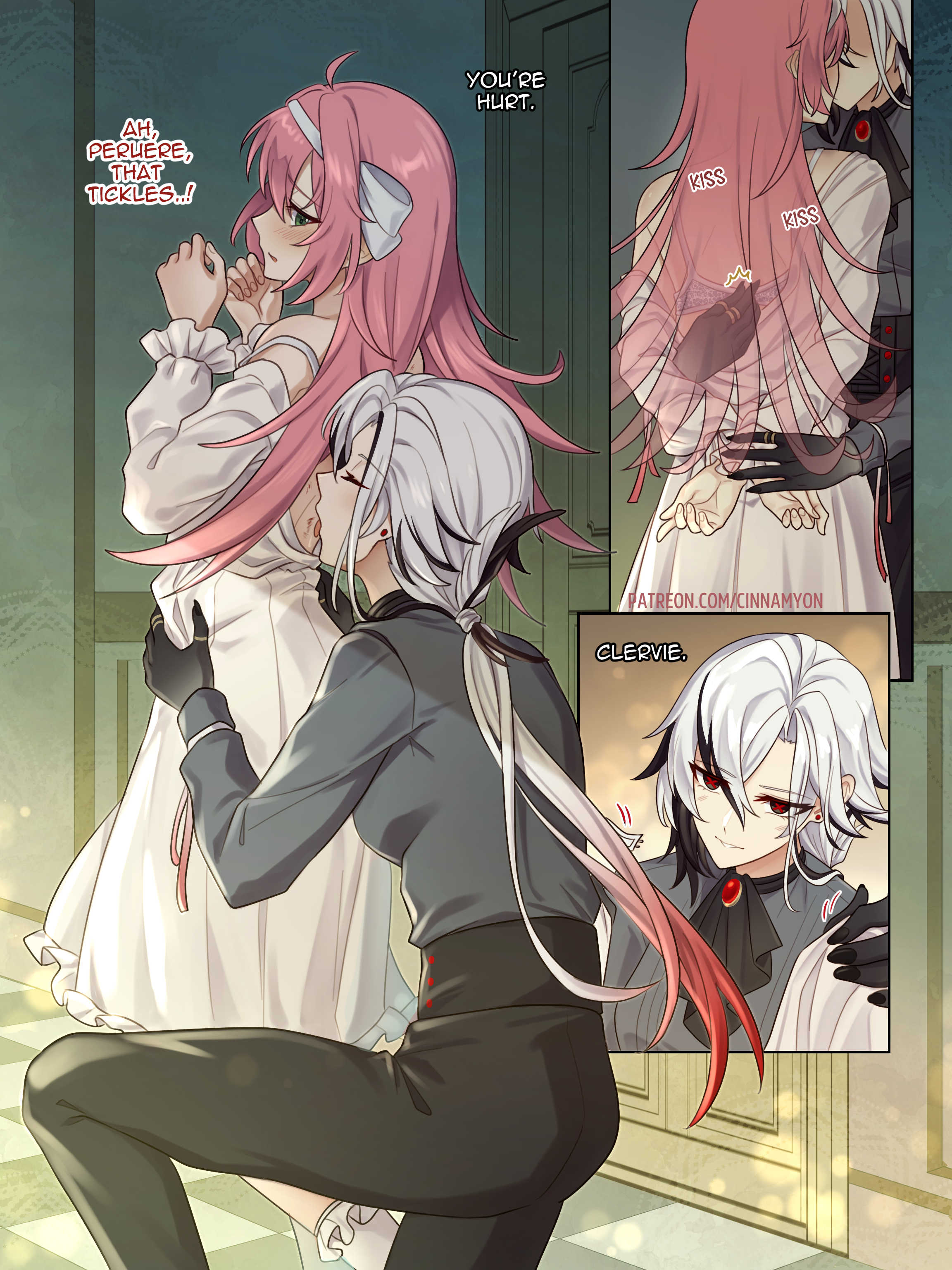 cinnamyon, arlecchino (genshin impact), clervie (genshin impact), peruere (genshin impact), genshin impact, absurdres, commentary, english commentary, highres, 2girls, aged up, alternate costume, ascot, black ascot, black eyes, black hands, black pants, black streaks, blush, bra, colored extremities, dress, english text, green eyes, grey shirt, hairband, hand on another's waist, kiss, kneeling, licking back, multiple girls, pants, pink hair, red pupils, shirt, symbol-shaped pupils, underwear, white bra, white dress, white hair, white hairband, x-shaped pupils, yuri