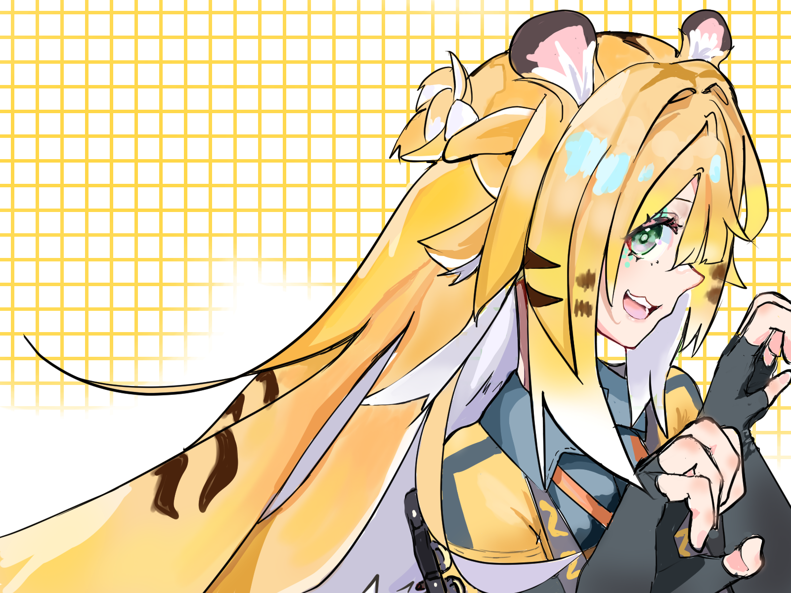 hoyo, ju fufu, zenless zone zero, highres, non-web source, 1girl, animal ears, blonde hair, gloves, green eyes, grey shirt, panther ears, shirt, yellow shirt, zzz