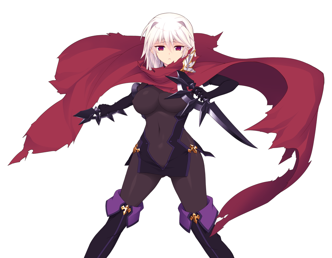 saitou natsuki, suhamaya, arisia hellioxenes, kourin tenshi en ciel rena, game cg, large variant set, non-web source, official art, variant set, 1girl, albino, black bodysuit, bodysuit, boots, braid, breasts, cape, covered navel, dual wielding, flower, gloves, hair ornament, holding, holding weapon, knife, large breasts, looking at viewer, red eyes, short hair, side braid, skin tight, smile, solo, standing, thigh boots, thighhighs, torn cape, torn clothes, transparent background, weapon, white hair