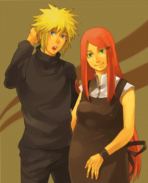 i (kaiyou), namikaze minato, uzumaki kushina, naruto (classic), naruto (series), naruto shippuuden, 1boy, 1girl, couple, green eyes, hair ornament, hairpin, hetero, long hair, pregnant, red hair, smile