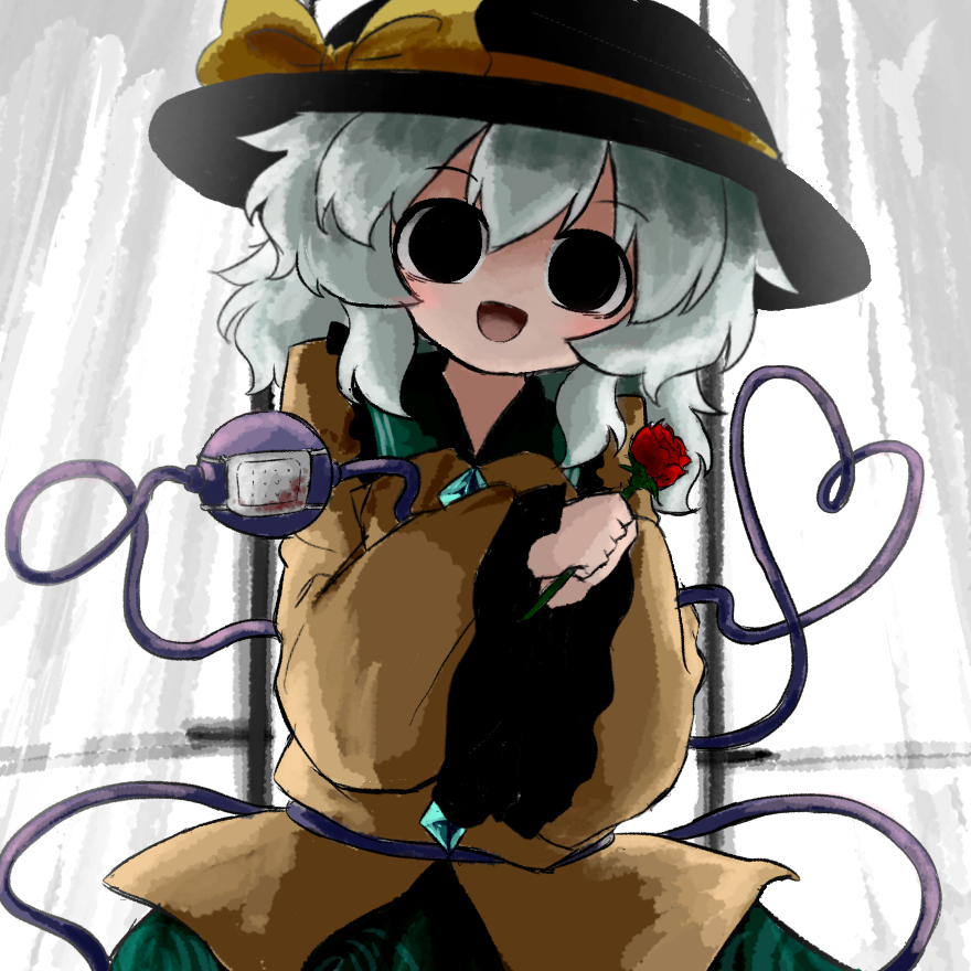 heripantomorrow, komeiji koishi, touhou, commentary request, 1girl, :d, black eyes, black hat, blood, blood stain, blush, bow, buttons, collared shirt, diamond button, eyepatch, flower, frilled shirt collar, frilled sleeves, frills, green hair, green skirt, hat, hat bow, heart, heart of string, holding, holding flower, medical eyepatch, medium hair, open mouth, own hands together, red flower, red rose, rose, shirt, skirt, smile, solo, third eye, yellow bow, yellow shirt