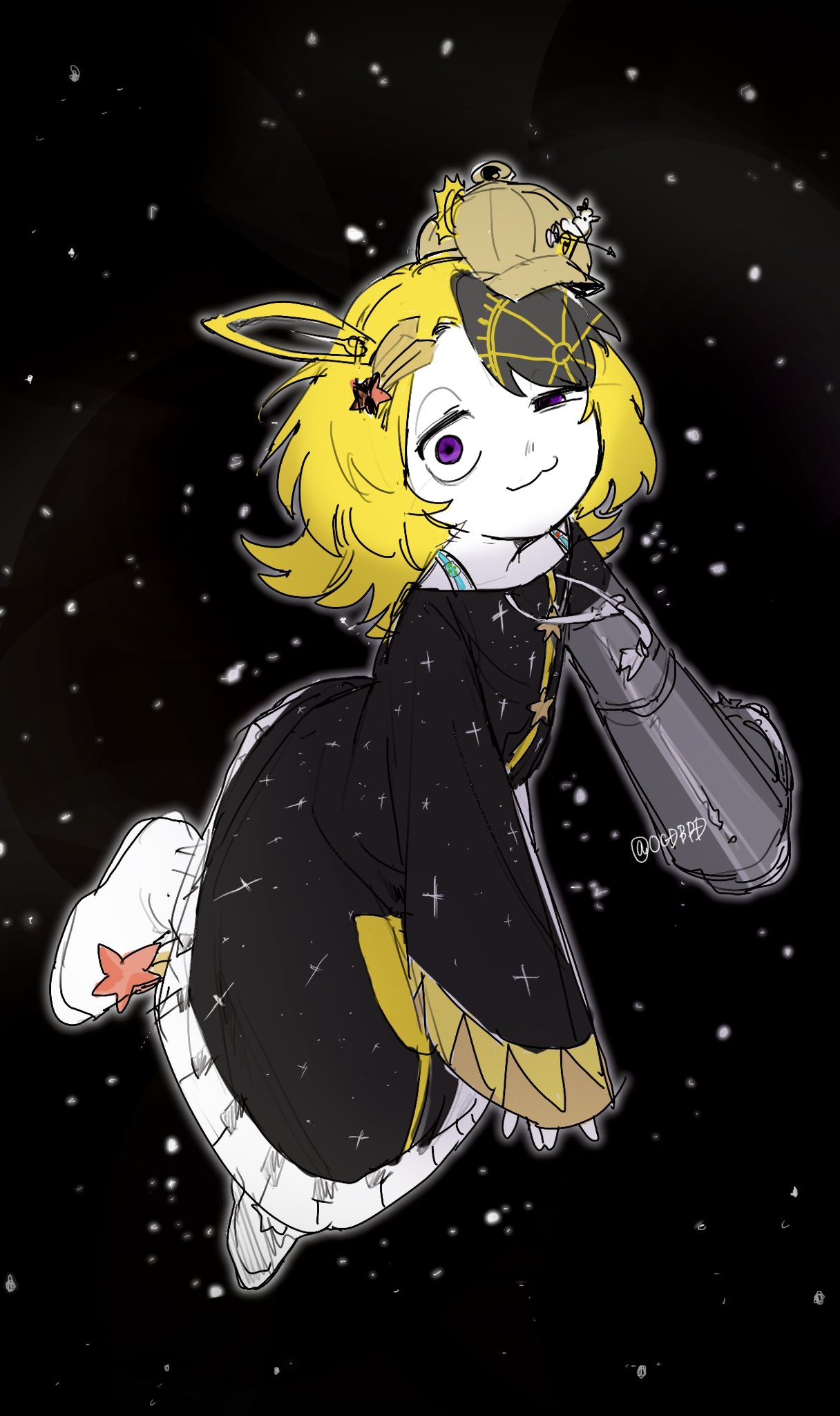 ocdbpd, galactic nova, kirby (series), nintendo, commentary request, highres, 1girl, :3, black dress, black hair, blonde hair, boots, brown hat, dress, hair ornament, hat, long sleeves, looking at viewer, mechanical arms, medium hair, multicolored hair, pale skin, personification, purple eyes, single mechanical arm, sleeves past wrists, solo, space, star (symbol), star hair ornament, white boots