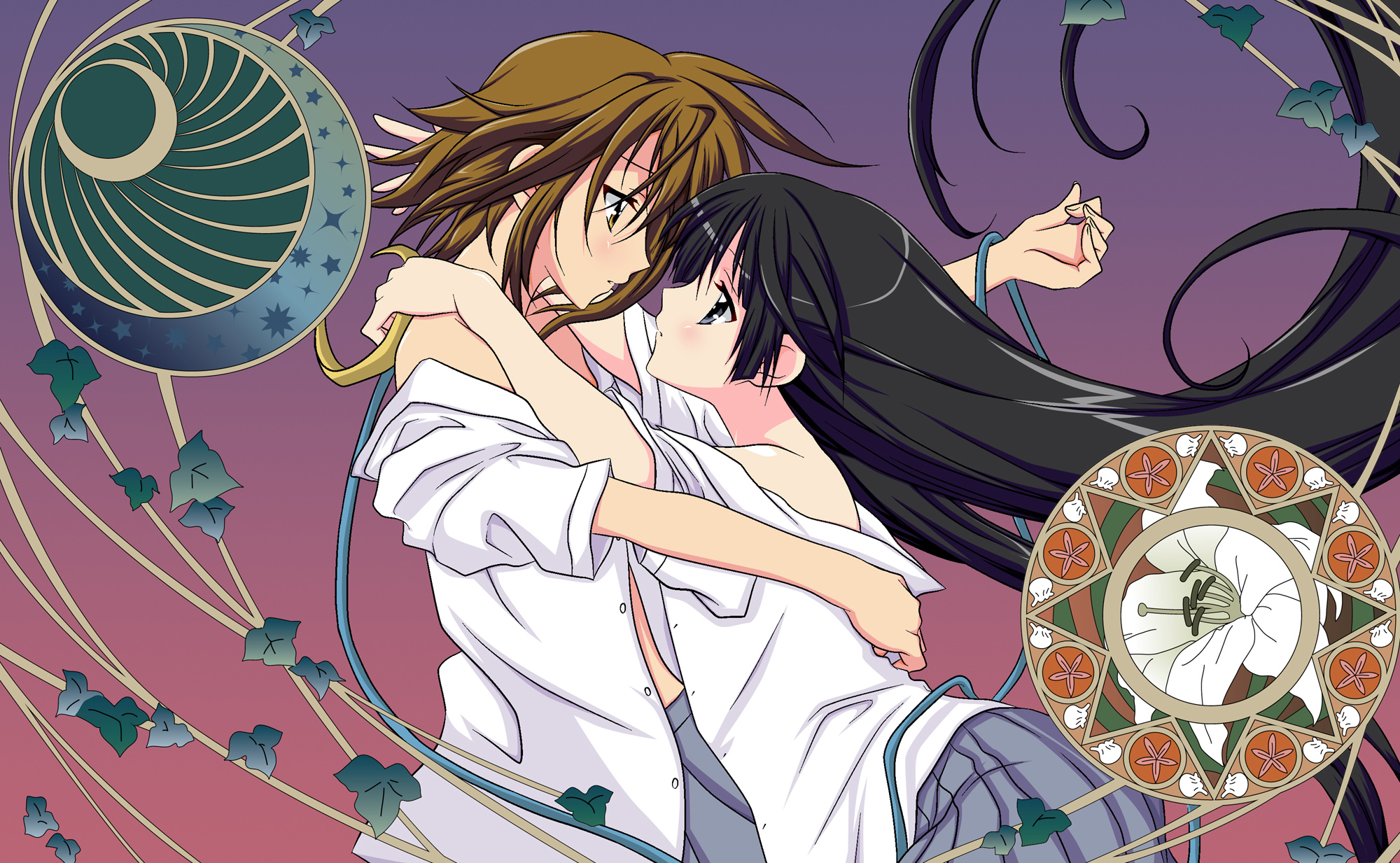 su-35 (artist), akiyama mio, tainaka ritsu, k-on!, kannazuki no miko, highres, 2girls, alternate hairstyle, hair down, hairband, hug, long hair, miko embrace, multiple girls, off shoulder, open clothes, open shirt, parody, school uniform, shirt, unworn hairband, unworn headwear, very long hair, yuri