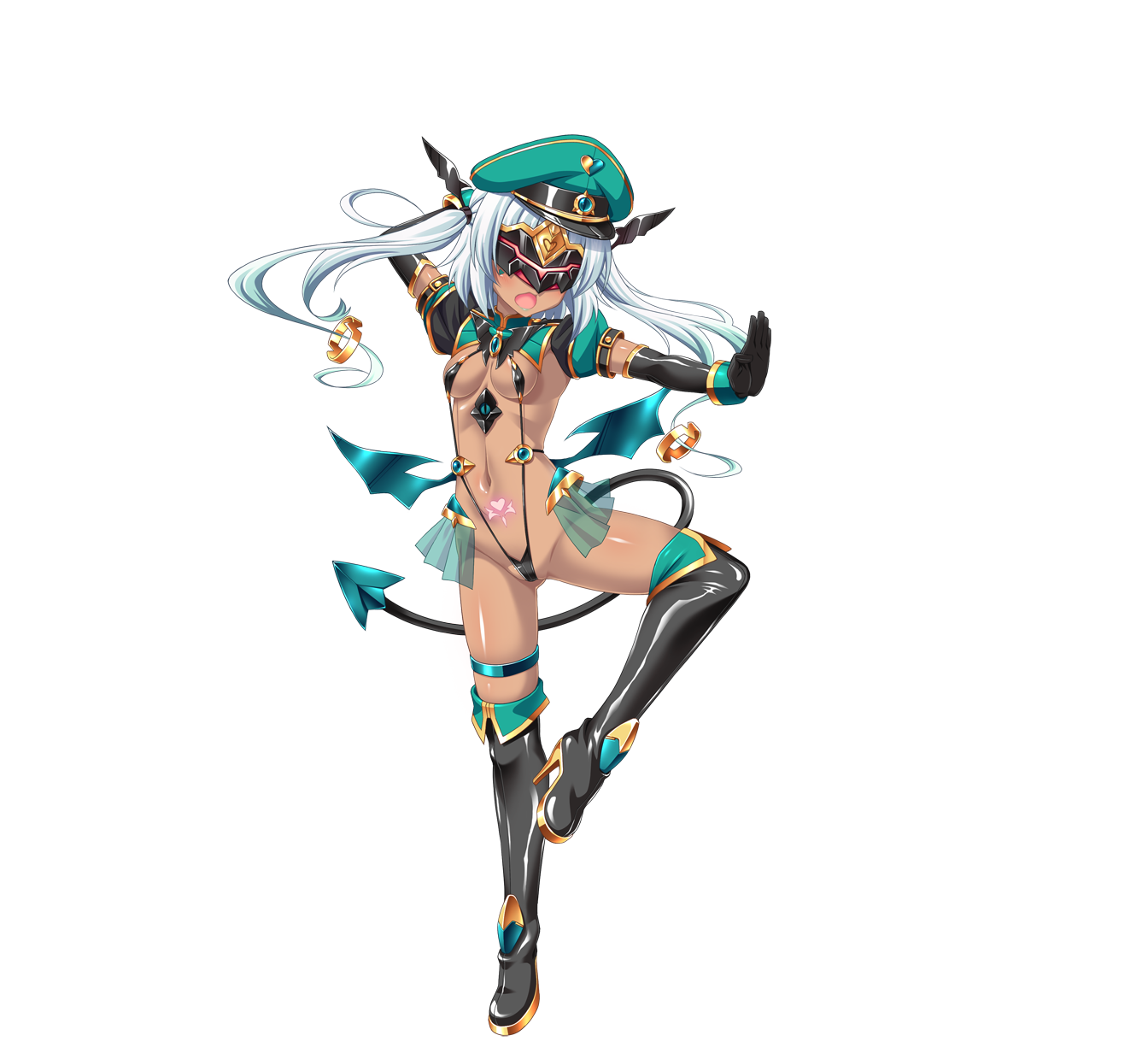 aoi masami, nina wang rockford, slave lapis, ts magical girl nao, game cg, highres, large variant set, non-web source, official art, variant set, 1girl, black gloves, blindfold, blush, boots, breasts, covered erect nipples, dark-skinned female, dark skin, demon girl, demon tail, demon wings, elbow gloves, fang, full body, gloves, hat, high heels, long hair, military hat, navel, open mouth, peaked cap, pubic tattoo, revealing clothes, slave gear (tsmg nao!), slave visor (tsmg nao!), slingshot swimsuit, small breasts, solo, standing, swimsuit, tail, tattoo, thigh boots, thighhighs, transparent background, twintails, white hair, wings