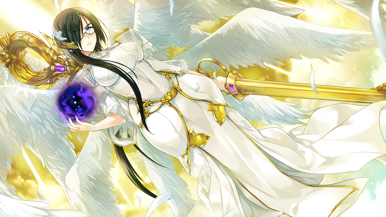 onigirikun, choukou (alicesoft), choukou shinki ixseal, game cg, large variant set, non-web source, official art, variant set, 1girl, angel, angel wings, azuel (choukou), black hair, blue eyes, breasts, dress, dutch angle, feathered wings, feathers, glasses, hair ornament, hair over one eye, holding, large breasts, long hair, looking at viewer, magic, multiple wings, orb, solo, staff, sword, very long hair, weapon, white dress, white wings, wings