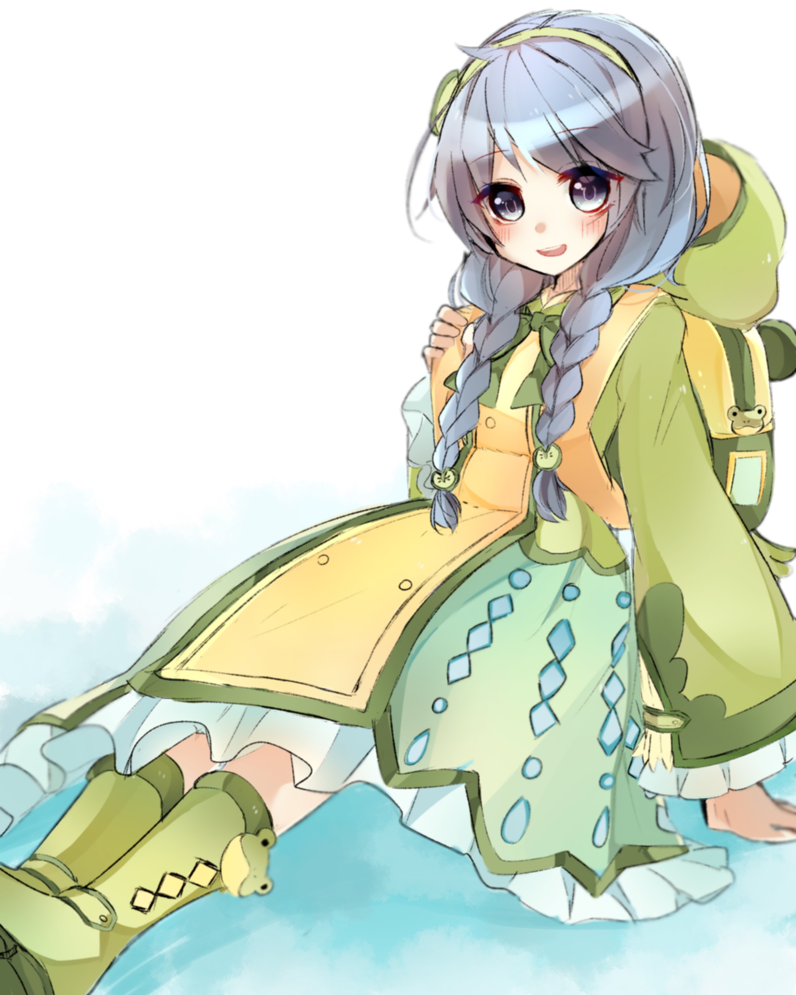 reirou (chokoonnpu), tsuyuha (shironeko project), shironeko project, commentary request, highres, 1girl, arm support, blush, boots, braid, frog, gradient background, green boots, grey eyes, grey hair, hairband, hooded dress, long sleeves, looking at viewer, open mouth, sitting, solo, twin braids