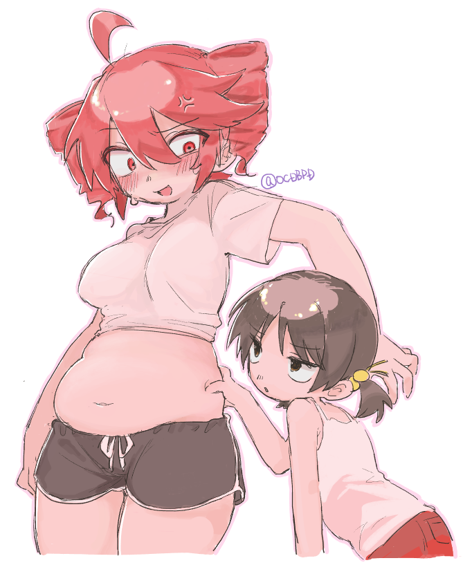 ocdbpd, kaai yuki, kasane teto, utau, vocaloid, commentary request, 2girls, anger vein, black hair, black shorts, blush, breasts, camisole, crop top, drill hair, grabbing another's stomach, hair bobbles, hair ornament, medium breasts, midriff, multiple girls, open mouth, plump, red eyes, red hair, shirt, short shorts, short sleeves, short twintails, shorts, simple background, stomach, twintails, twitter username, white background, white camisole, white shirt