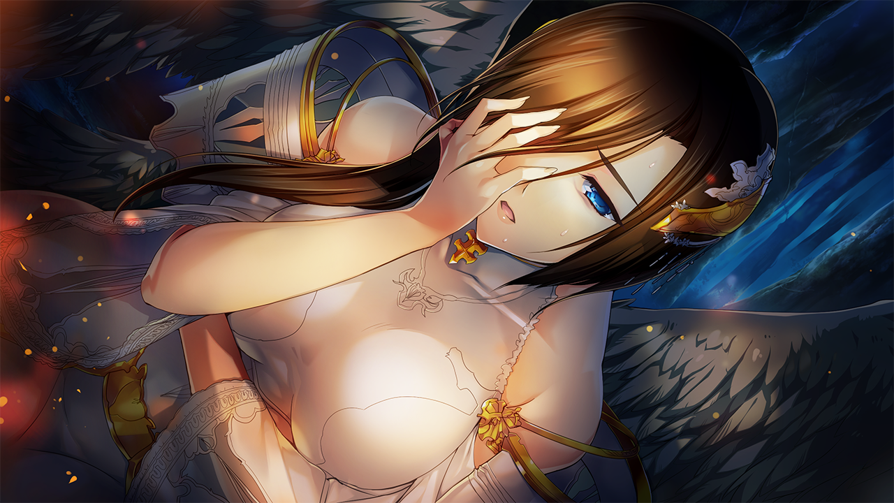 onigirikun, choukou (alicesoft), choukou shinki ixseal, game cg, large variant set, non-web source, official art, variant set, 1girl, azuel (choukou), blue eyes, breasts, brown hair, collarbone, detached sleeves, dress, dutch angle, feathered wings, floating hair, hair between eyes, hair ornament, hair over one eye, hair over shoulder, large breasts, long hair, looking at viewer, no eyewear, open mouth, sleeveless, sleeveless dress, solo, upper body, white dress, white sleeves, wings