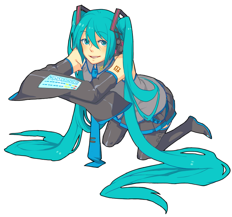 i (kaiyou), hatsune miku, vocaloid, bad id, bad pixiv id, blue eyes, blue hair, detached sleeves, kneeling, long hair, necktie, skirt, solo, square-end necktie, thighhighs, twintails