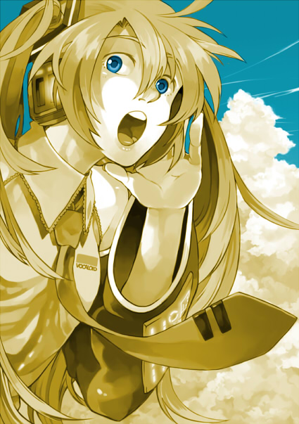 i (kaiyou), hatsune miku, vocaloid, bad id, bad pixiv id, blue eyes, cloud, long hair, necktie, shouting, sky, solo, twintails