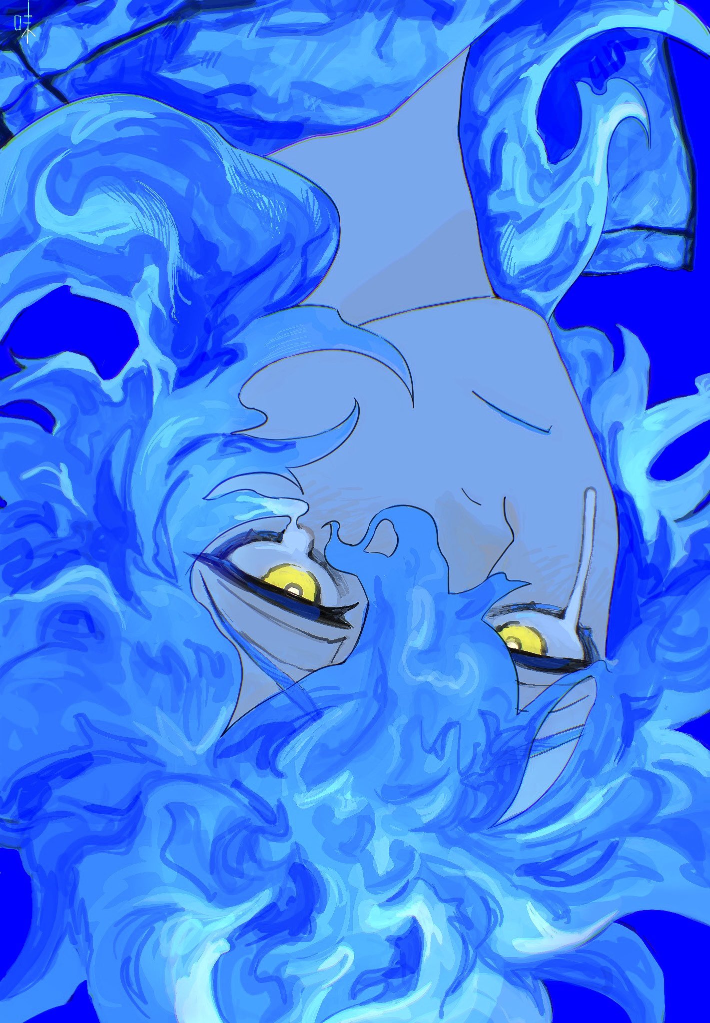 azi pra, idia shroud, twisted wonderland, commentary request, highres, 1boy, blue background, blue fire, blue hair, blue lips, closed mouth, eyelashes, fiery hair, fire, hair between eyes, male focus, melting eyes, simple background, upside-down, yellow eyes