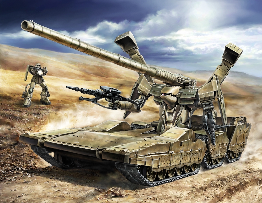 naga hana, hildolfr, zaku, zaku ii, zaku ii f/j, gundam, gundam ms igloo, vehicle, bad id, bad pixiv id, cannon, caterpillar tracks, cloud, day, desert, dust, gun, machine gun, mecha, military, military vehicle, motor vehicle, no humans, robot, shadow, tank, weapon