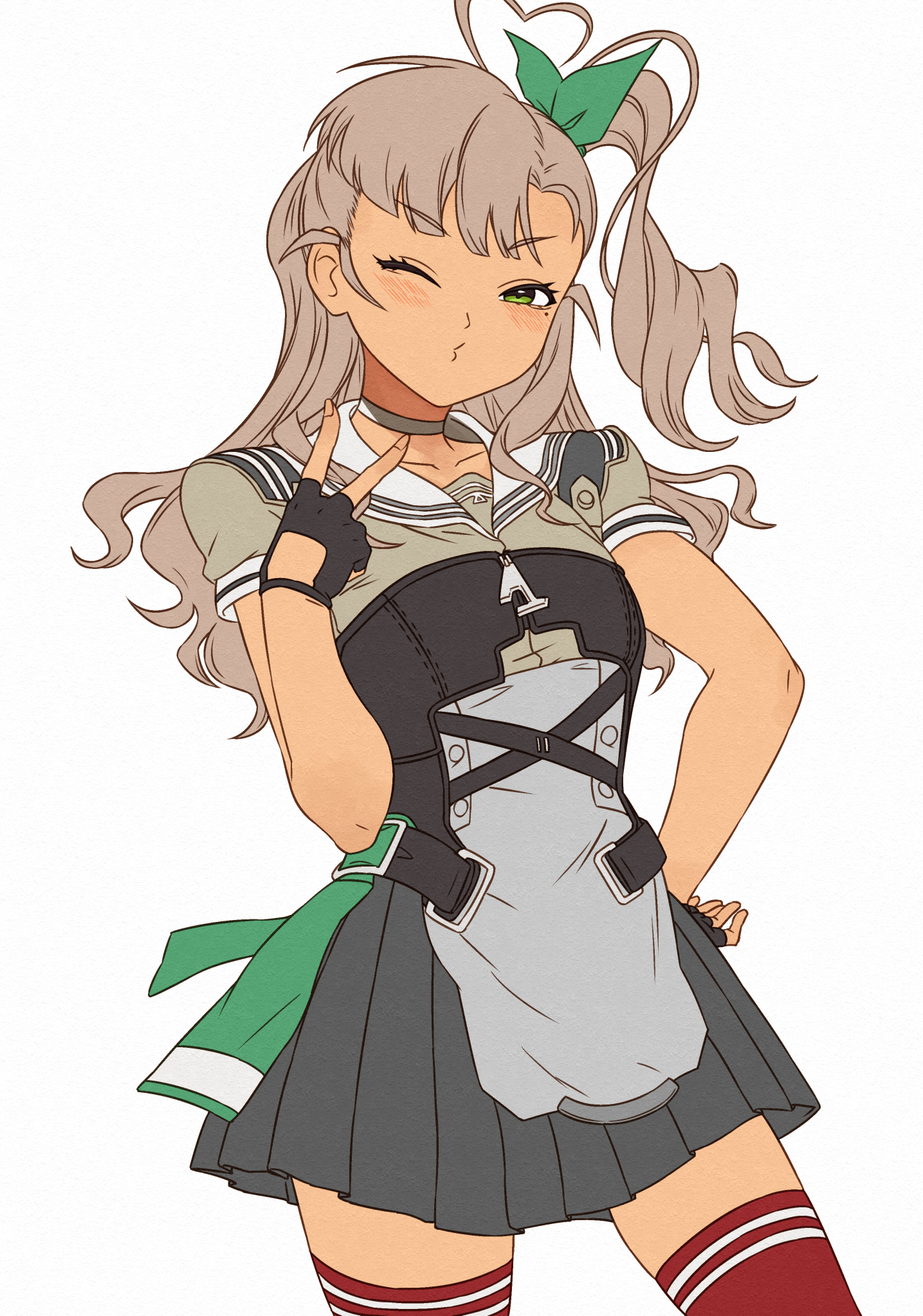 kanmiya shinobu, kashi (kancolle), kantai collection, highres, 1girl, ahoge, black gloves, blush, cowboy shot, dress, eyelashes, fingerless gloves, gloves, green eyes, green ribbon, hair ribbon, hand on own hip, heart, heart ahoge, long hair, looking at viewer, mole, mole under eye, one eye closed, one side up, red thighhighs, ribbon, sailor collar, sailor dress, short sleeves, simple background, solo, thighhighs, v, white background, white sailor collar