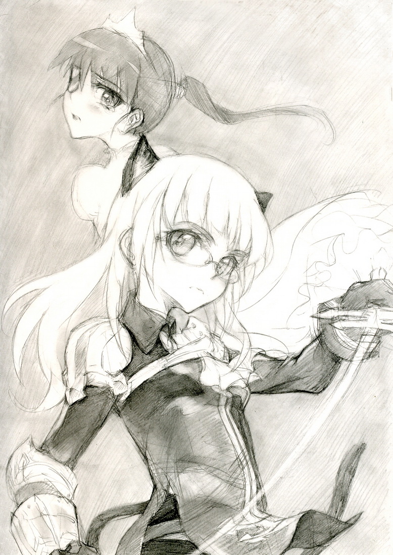 kisetsu, perrine h. clostermann, sakamoto mio, strike witches, world witches series, uniform, bad id, bad pixiv id, traditional media, 00s, 2girls, animal ears, black hair, blush, cat ears, cat tail, crown, eyepatch, glasses, long hair, monochrome, multiple girls, panties, panties under pantyhose, pantyhose, ponytail, sketch, sword, tail, tears, underwear, weapon