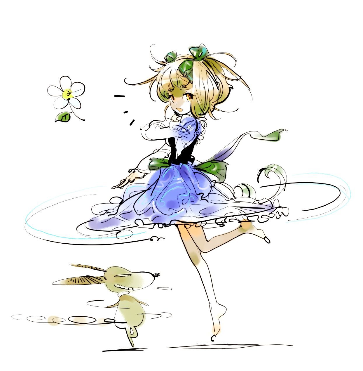 dabosu, highres, barefoot, dancing, dog, dress, flower, sketch, solo, twintails