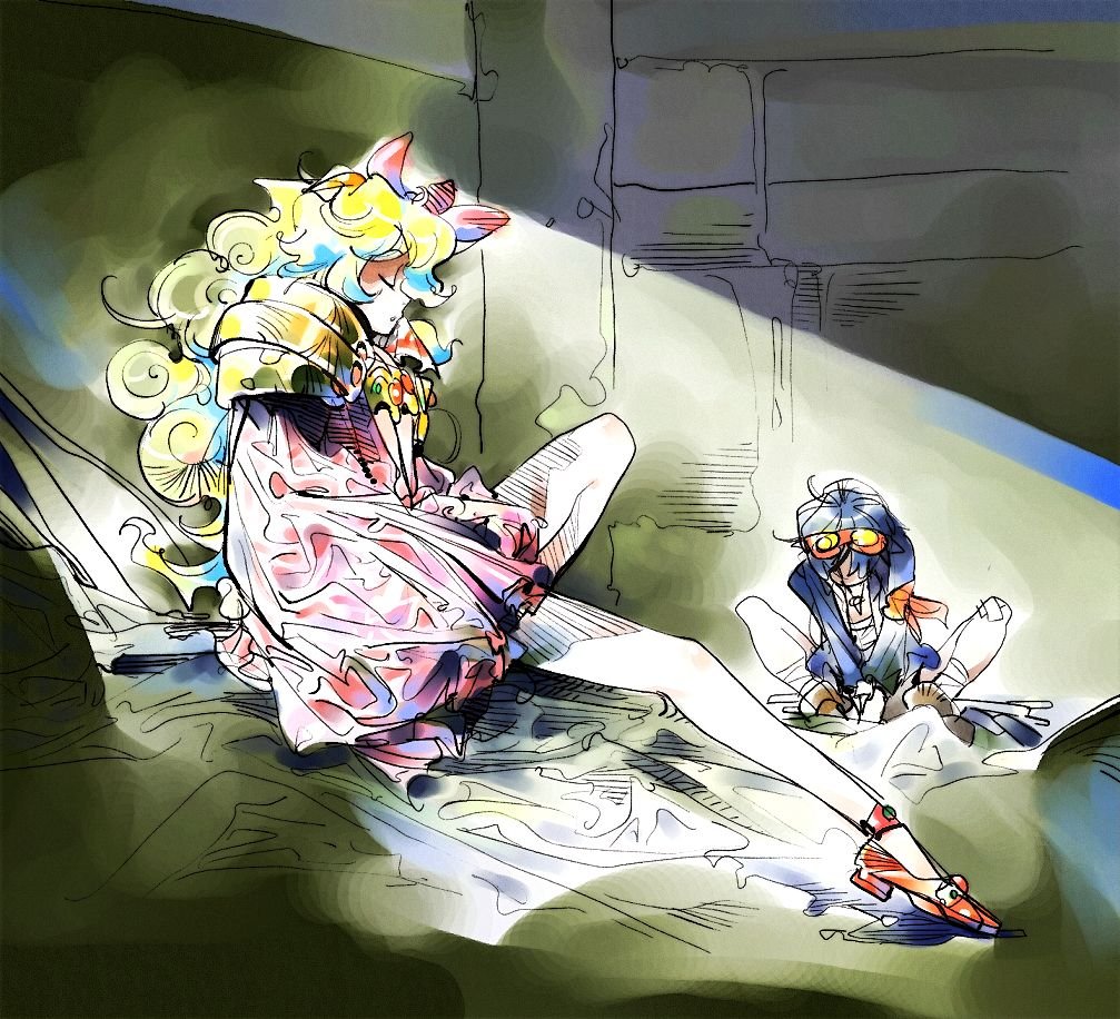 dabosu, nia teppelin, simon (ttgl), tengen toppa gurren lagann, 00s, bandages, blue hair, cape, closed eyes, dress, flower, goggles, goggles on head, hair flower, hair ornament, legs, long hair, multicolored hair, open clothes, open shirt, pink dress, shirt, sitting