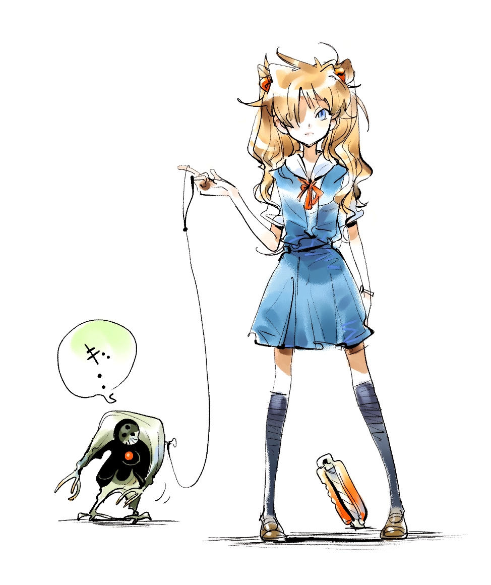 dabosu, angel (evangelion), israfel (evangelion), souryuu asuka langley, neon genesis evangelion, blue eyes, boxcutter, hair over one eye, red hair, school uniform, twintails