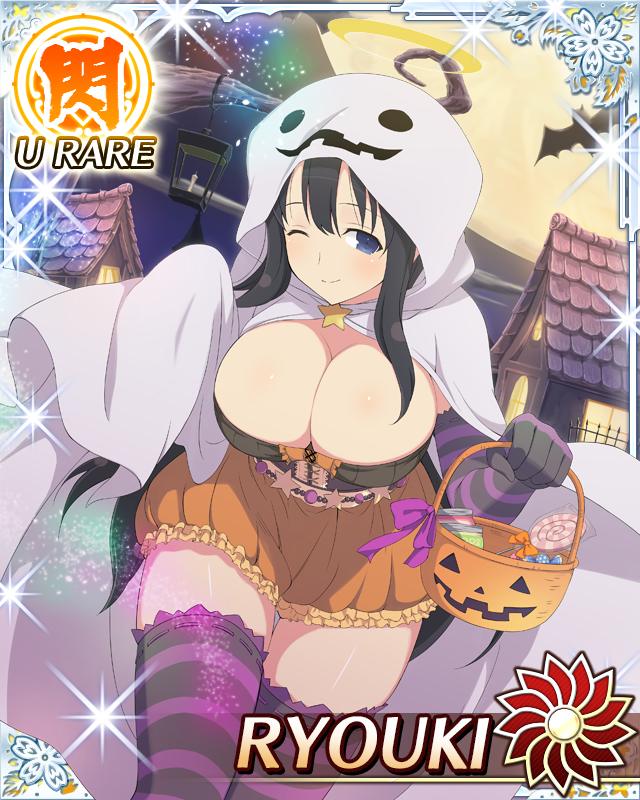 ryouki (senran kagura), senran kagura, senran kagura new wave, game cg, official art, 1girl, basket, bat (animal), bent over, black hair, black thighhighs, bloomers, blue eyes, border, breasts, candy, card (medium), character name, cleavage, closed mouth, food, full moon, ghost costume, halloween, halloween bucket, halloween costume, halo, happy halloween, holding, holding basket, jack-o'-lantern, large breasts, lollipop, long hair, looking at viewer, moon, night, night sky, one eye closed, orange bloomers, sheet ghost, sky, smile, solo, striped clothes, striped thighhighs, thighhighs, traditional halo, trick-or-treating, trick or treat, underwear, very long hair