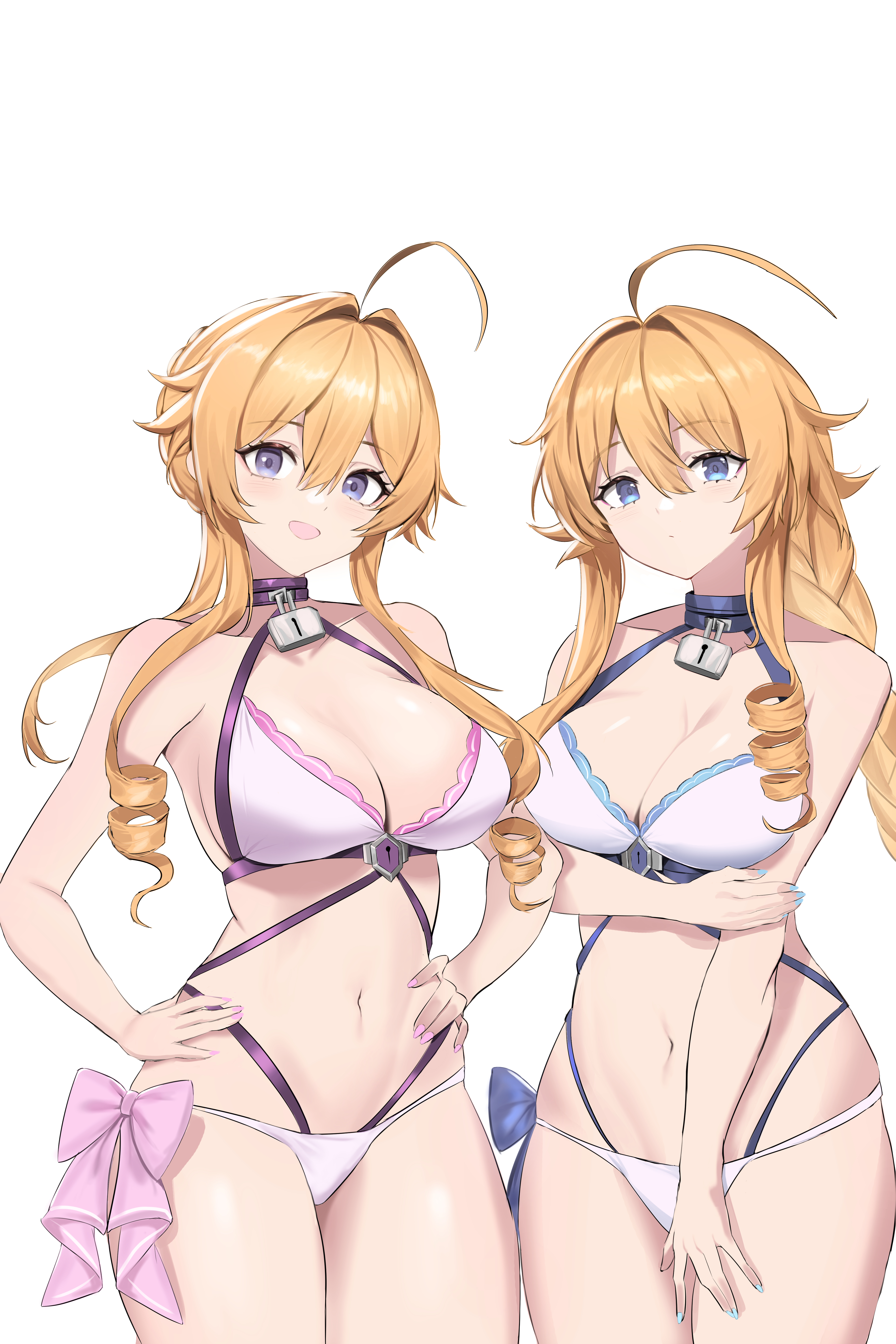 qishier shi ya tuo, yamai kaguya, yamai yuzuru, azur lane, date a live, absurdres, chinese commentary, commentary request, highres, 2girls, ahoge, arm under breasts, bikini, blue eyes, breasts, cleavage, cowboy shot, hair intakes, hand on own hip, large breasts, long hair, looking at viewer, multiple girls, navel, orange hair, purple eyes, siblings, simple background, sisters, stomach, swimsuit, thighs, twins, white background, white bikini, yamai kaguya (blue ocean rendezvous), yamai yuzuru (blue ocean rendezvous)