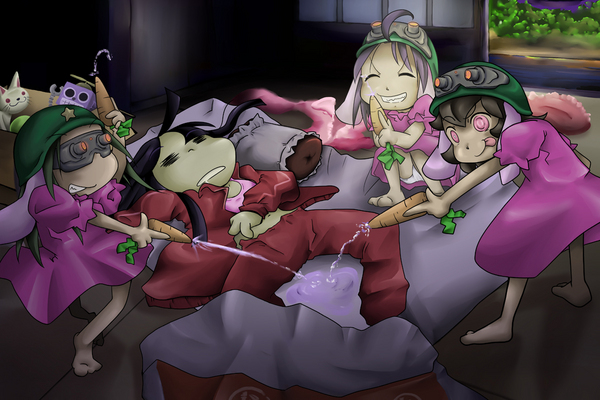 houraisan kaguya, inaba tewi, touhou, artist request, 4girls, = =, barefoot, carrot, female focus, helmet, indoors, lying, multiple girls, pillow, plant, prank, sleeping, standing, water gun