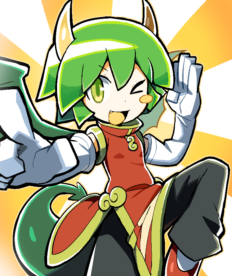 kokum0tsu, draco centauros, puyopuyo, commentary, 1girl, black pants, china dress, chinese clothes, dragon girl, dragon tail, dress, elbow gloves, fang, gloves, green hair, one eye closed, open mouth, pants, short hair, side slit, solo, tail, white gloves, yellow eyes