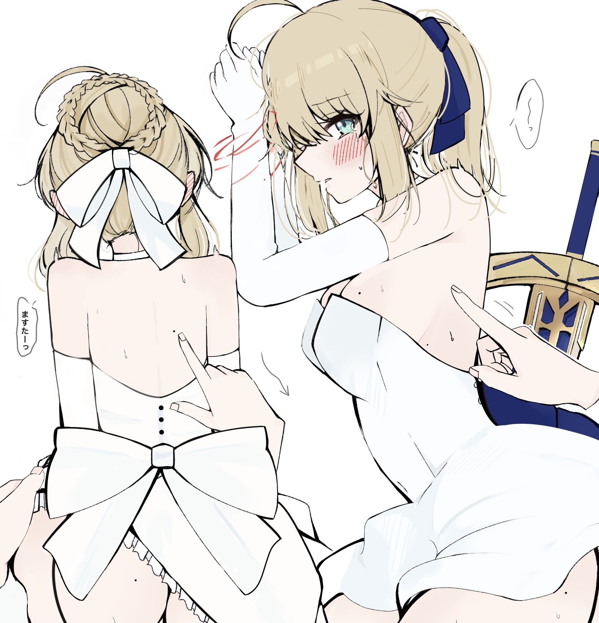 hayato hoshi604, artoria pendragon (fate), saber (fate), fate/stay night, fate (series), commentary request, highres, translation request, 1girl, 1other, ahoge, back, bare shoulders, blonde hair, blue eyes, blue ribbon, blush, bound, bound wrists, braid, braided bun, breasts, dress, elbow gloves, from behind, from side, gloves, hair bun, hair ribbon, looking at viewer, medium breasts, medium hair, multiple views, no panties, parted lips, poking, ponytail, pov, pov hands, ribbon, simple background, speech bubble, strapless, strapless dress, sword, weapon, white background, white dress, white gloves, white ribbon