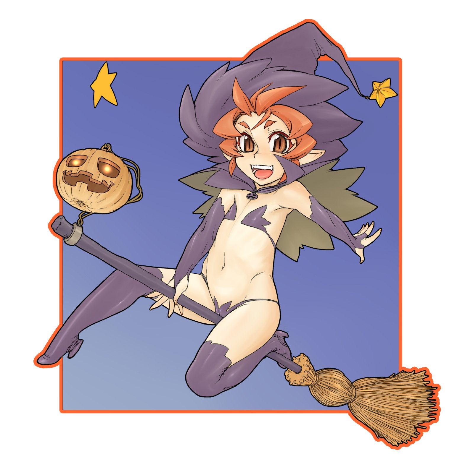 kuontendou, original, highres, 1girl, blue background, broom, broom riding, brown eyes, cameltoe, female focus, halloween, hat, jack-o'-lantern, loli, orange hair, panties, pointy ears, pumpkin, solo, thighhighs, underwear, witch hat