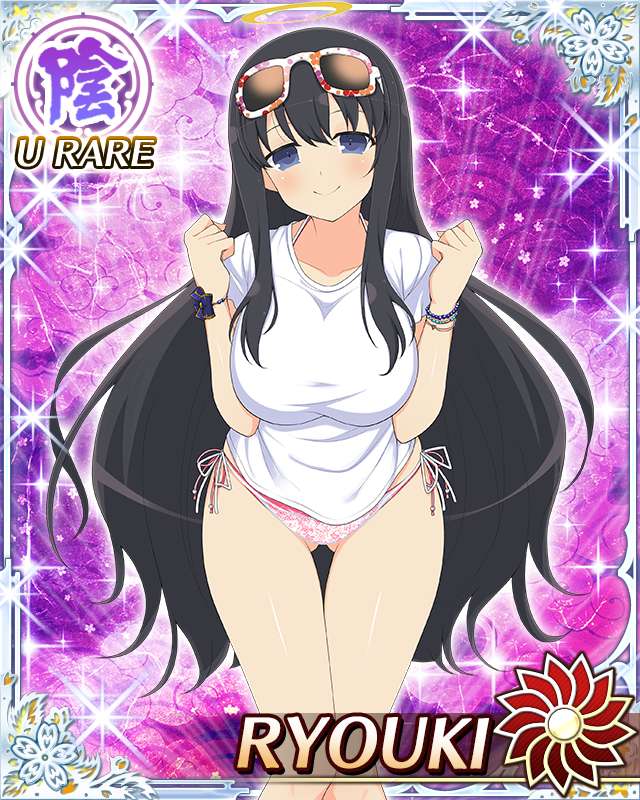 ryouki (senran kagura), senran kagura, senran kagura new wave, game cg, official art, 1girl, arms up, bikini, bikini top under shirt, bikini under clothes, black hair, blue eyes, border, breasts, card (medium), character name, clenched hands, closed mouth, eyewear on head, gluteal fold, halo, large breasts, leaning forward, long hair, looking at viewer, pink bikini, shirt, side-tie bikini bottom, smile, solo, string bikini, sunglasses, swimsuit, traditional halo, very long hair, white shirt