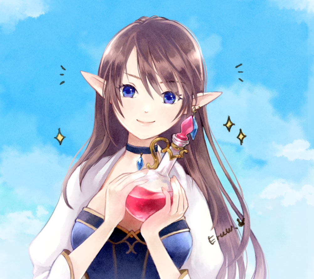 gobaku no hito, original, commentary request, 1girl, blue eyes, blue sky, breasts, brown hair, closed mouth, cloud, day, flask, holding, holding flask, long hair, looking at viewer, medium breasts, outdoors, pointy ears, potion, sky, smile, solo, sparkle, upper body