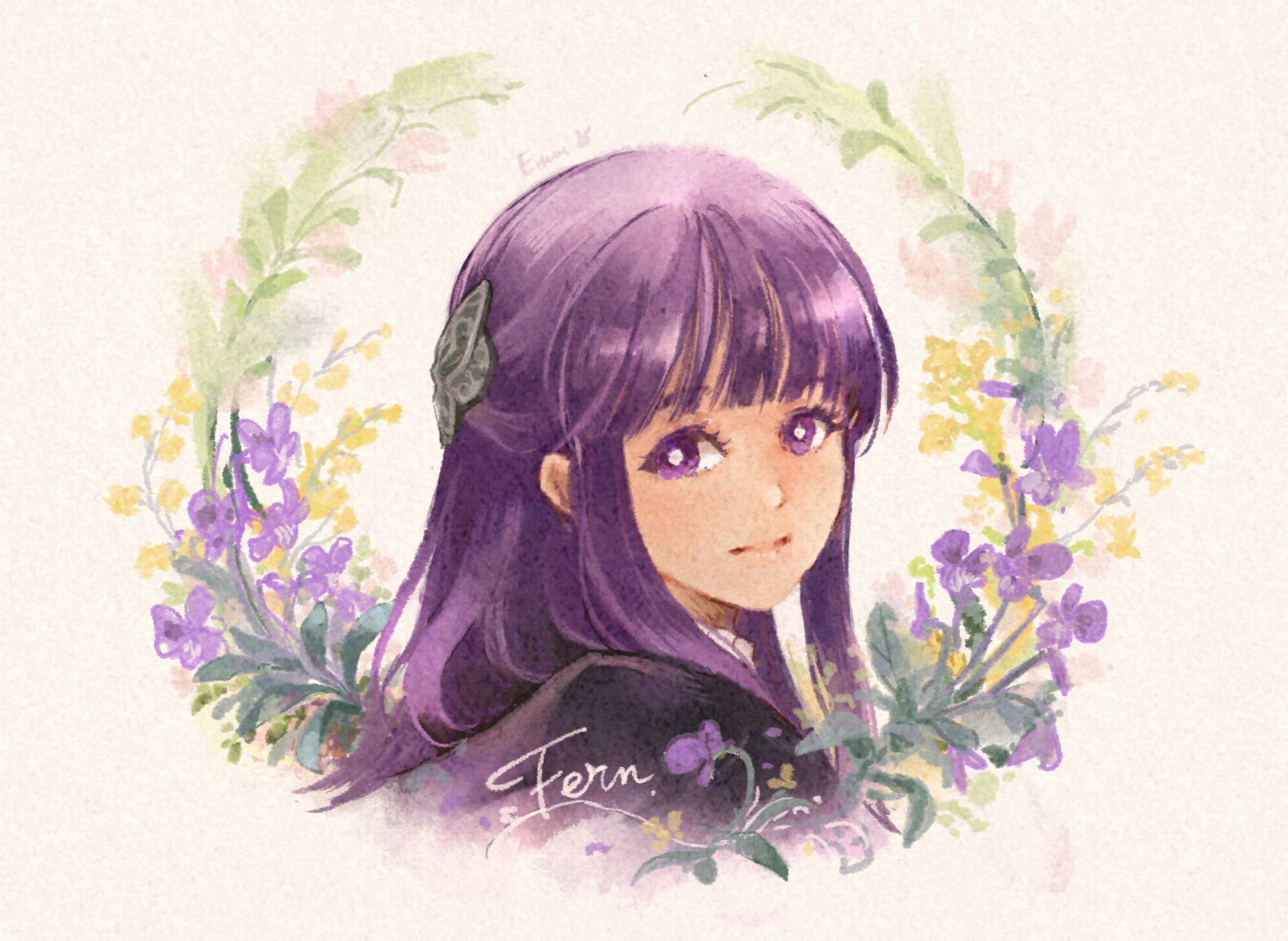 gobaku no hito, fern (sousou no frieren), sousou no frieren, commentary request, 1girl, blunt bangs, bright pupils, character name, closed mouth, flower, laurels, long hair, looking at viewer, portrait, purple eyes, purple flower, purple hair, sidelocks, solo, white pupils
