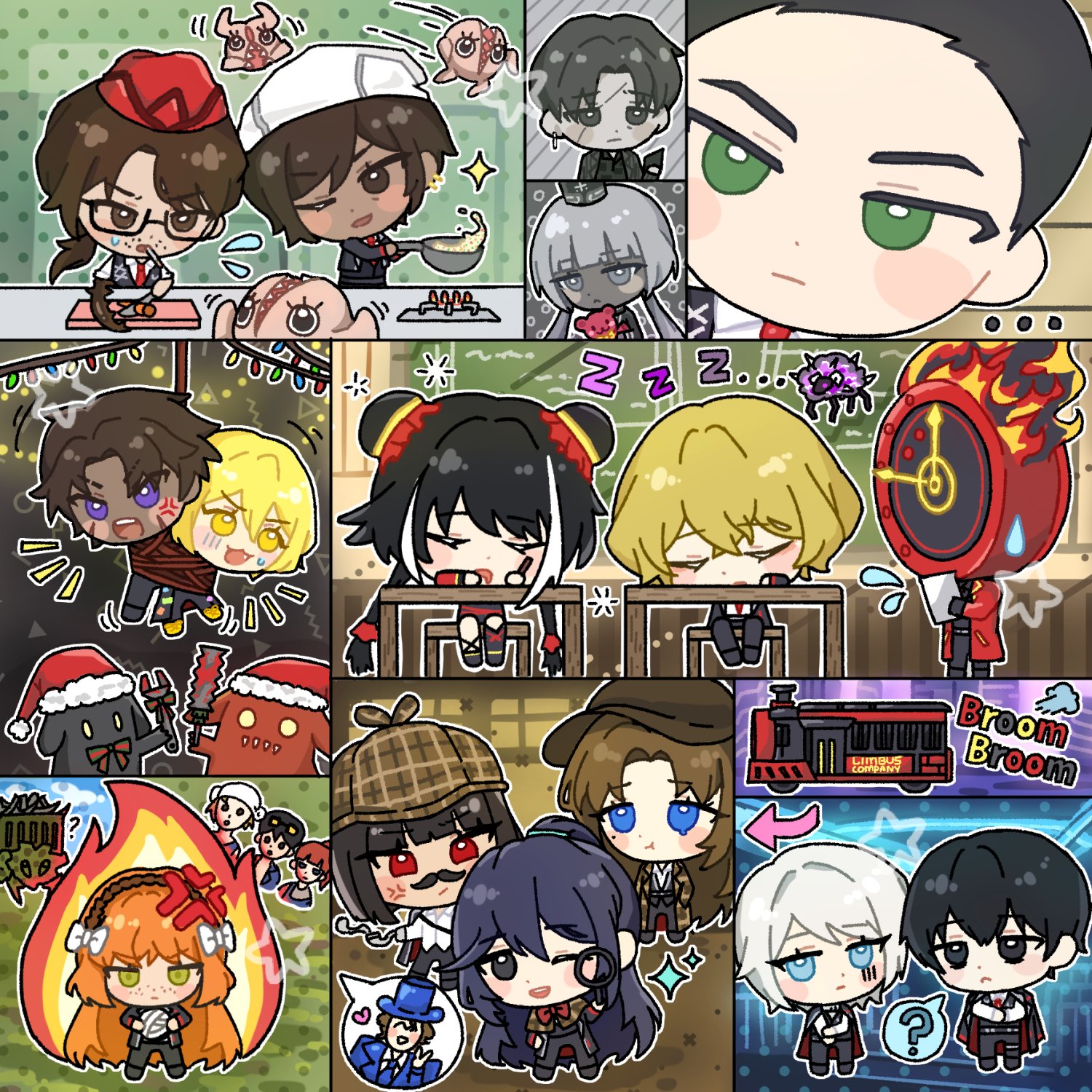 byam6yam, bongy (project moon), charon (project moon), dante (limbus company), don quixote (project moon), dreaming electric sheep, faust (project moon), gregor (project moon), heathcliff (project moon), herbert (project moon), hong lu (project moon), ishmael (project moon), jia xichun (project moon), meursault (project moon), mika (project moon), olga (project moon), outis (project moon), rain (project moon), rodion (project moon), ryoshu (project moon), sinclair (project moon), vergilius (project moon), yi sang (project moon), limbus company, project moon, commentary, highres, 1other, 6+boys, 6+girls, :3, anger vein, black eyes, black hair, blonde hair, blue eyes, blue hair, bow, bowtie, brown eyes, brown hair, brown hairband, chalkboard, clock, cooking, dark-skinned female, dark-skinned male, dark skin, flaming head, glasses, gnome (project moon), green eyes, grey eyes, grey hair, hair bow, hair slicked back, hairband, kkomi (project moon), long hair, low twintails, mephistopheles (project moon), multiple boys, multiple girls, object head, one eye closed, open mouth, orange hair, purple eyes, red bow, red bowtie, rope, short hair, sidelocks, sleeping, smile, table, trash crab (project moon), twintails, very long hair, white bow, white hair, yellow eyes