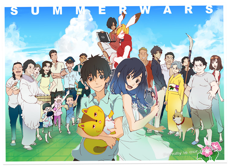 mooche, ikezawa kazuma, jinnouchi sakae, jinnouchi wabisuke, kari-kenji, king kazma, koiso kenji, shinohara natsuki, dell, summer wars, 00s, 6+boys, 6+girls, dog, everyone, multiple boys, multiple girls, stuffed animal, stuffed toy