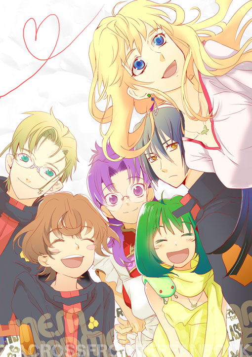 mooche, ai-kun, luca angeloni, matsuura nanase, mikhail buran, ranka lee, saotome alto, sheryl nome, macross, macross frontier, 00s, 3boys, 3girls, :d, ^ ^, blonde hair, blue eyes, blush, brown hair, closed eyes, collarbone, glasses, long hair, multiple boys, multiple girls, open mouth, purple hair, rimless eyewear, simple background, smile, very long hair, white background