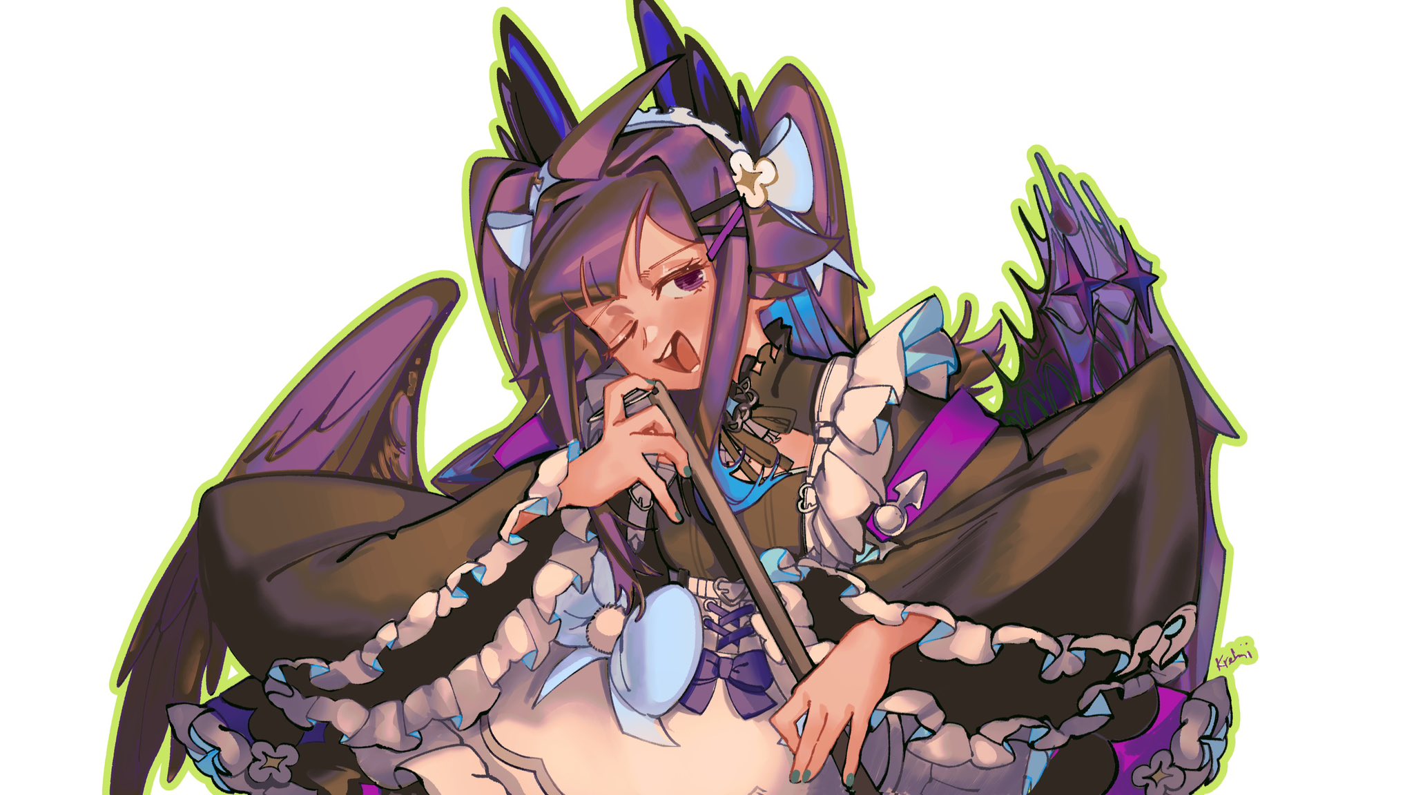 krebii, enna alouette, enna alouette (maid), nijisanji, nijisanji en, commentary, english commentary, highres, 1girl, ;d, ahoge, aqua nails, artist name, buck teeth, green outline, head wings, holding, holding microphone stand, looking at viewer, maid, maid headdress, microphone stand, music, one eye closed, open mouth, outline, purple eyes, purple hair, signature, simple background, singing, smile, solo, teeth, two side up, virtual youtuber, white background, wings