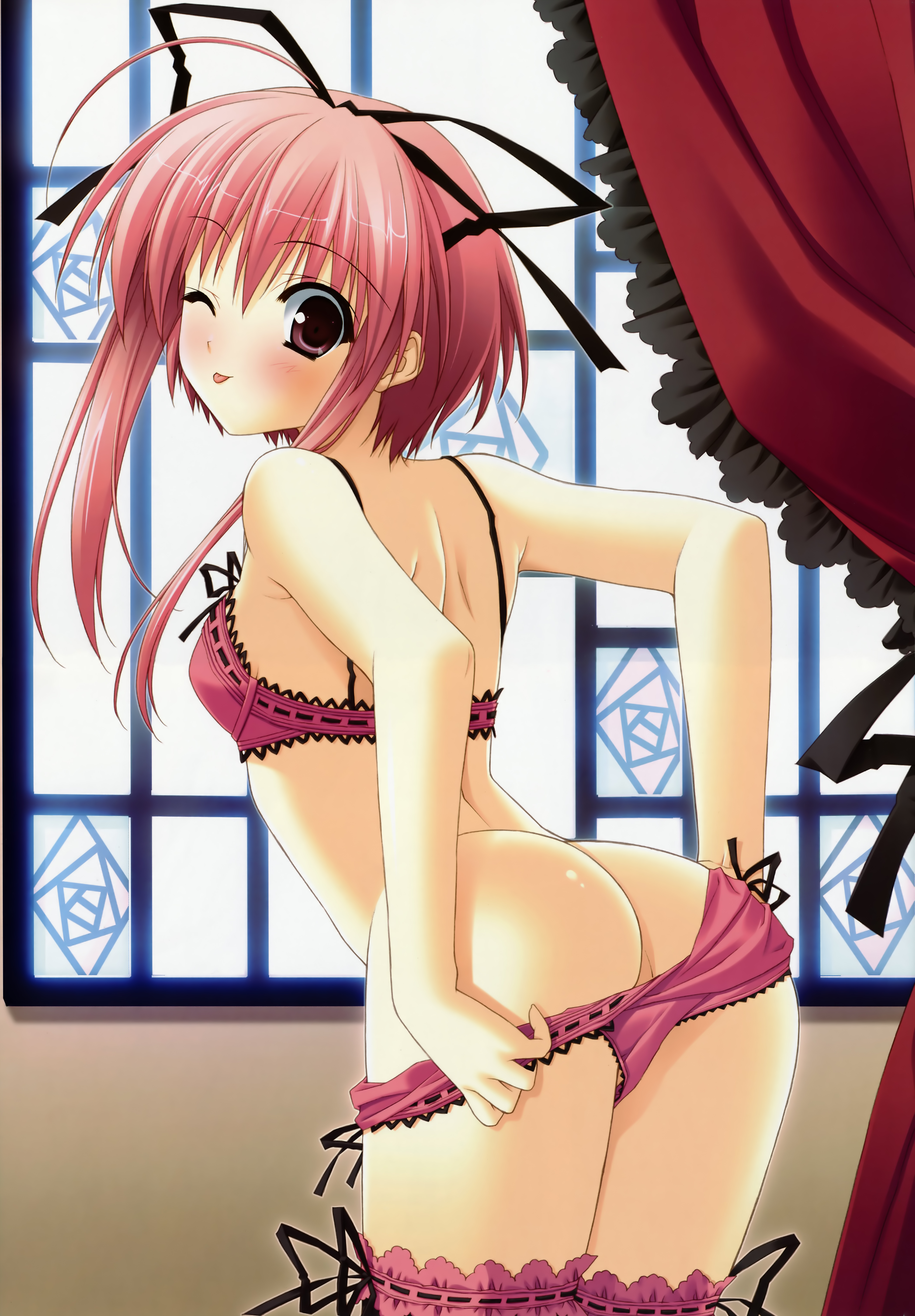 suzuhira hiro, fujisaki amane, stellar theater, absurdres, highres, scan, 1girl, :p, ass, back, blush, curtains, female focus, frilled thighhighs, frills, hair ribbon, lingerie, one eye closed, panties, panty pull, pink eyes, pink hair, ribbon, short hair, short hair with long locks, solo, thighhighs, tongue, tongue out, underwear, undressing, voyeur pov, window, wink