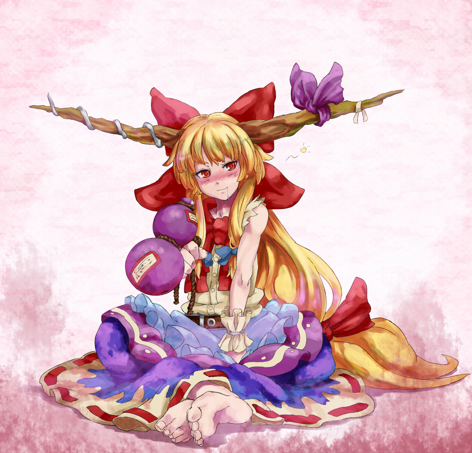 shibasaki shouji, ibuki suika, touhou, bad id, bad pixiv id, 1girl, barefoot, blonde hair, blush, drunk, feet, female focus, gourd, horns, long hair, orange hair, red eyes, saliva, sitting, solo