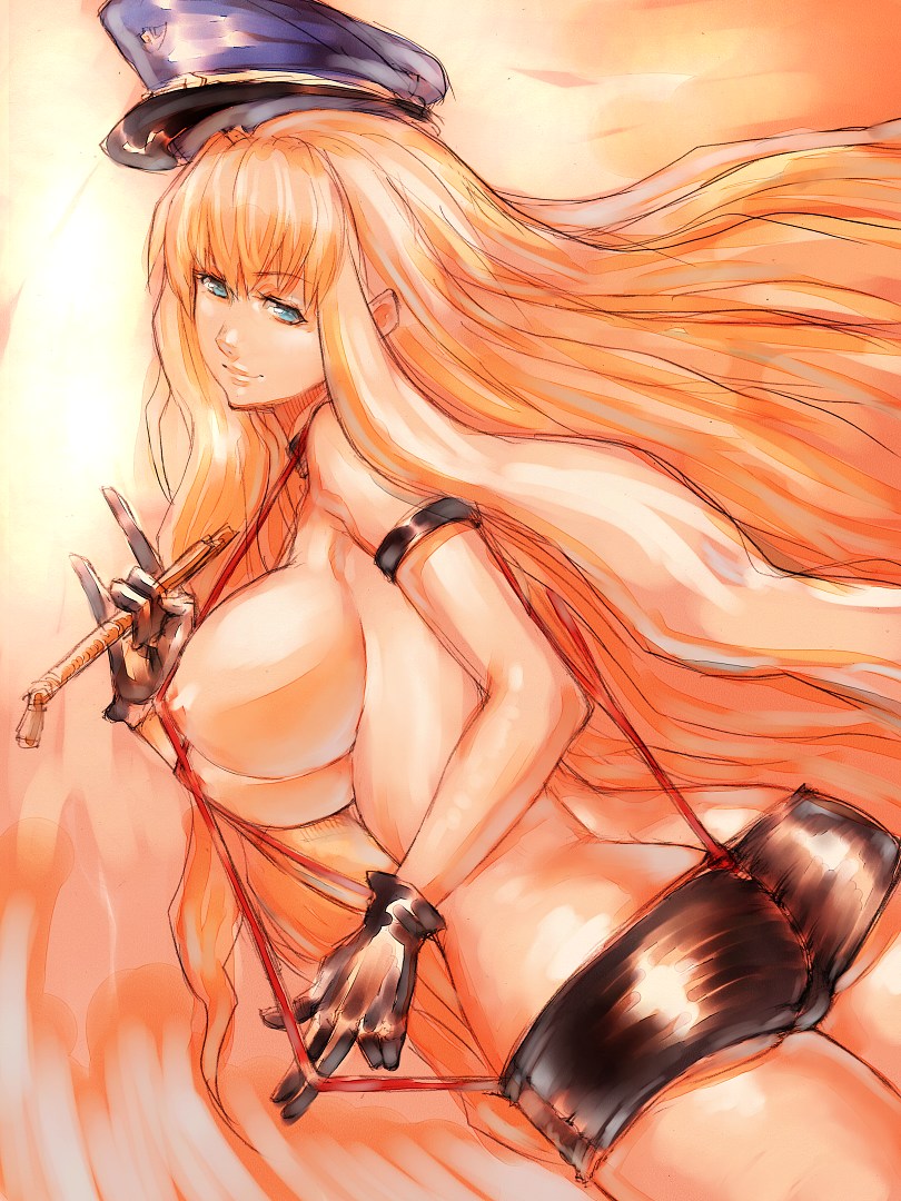 fumio (rsqkr), sheryl nome, macross, macross frontier, 00s, 1girl, armlet, ass, blue eyes, breasts, butt crack, female focus, gloves, hat, huge breasts, jewelry, large breasts, long hair, looking back, peaked cap, pointy ears, short shorts, shorts, solo, suspenders, very long hair