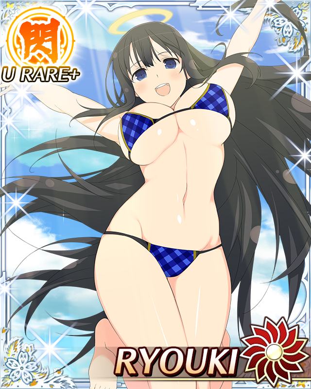 ryouki (senran kagura), senran kagura, senran kagura new wave, game cg, official art, 1girl, :d, arms up, bikini, black hair, blue bikini, blue eyes, border, breasts, card (medium), character name, cleavage, day, groin, halo, jumping, large breasts, legs up, long hair, looking at viewer, midair, navel, open mouth, outstretched arms, plaid bikini, plaid clothes, smile, solo, sunlight, swimsuit, traditional halo, very long hair