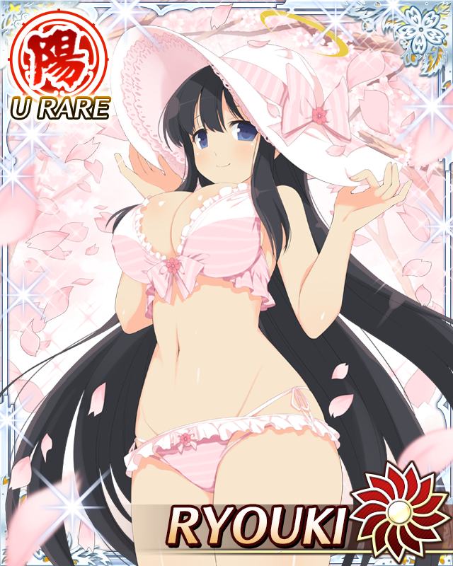 ryouki (senran kagura), senran kagura, senran kagura new wave, game cg, official art, 1girl, bikini, black hair, blue eyes, border, breasts, card (medium), character name, cherry blossoms, cleavage, closed mouth, falling petals, frilled bikini, frills, groin, halo, hanami, hands on headwear, hat, large breasts, layered bikini, long hair, looking at viewer, looking to the side, navel, petals, pink bikini, pink hat, smile, solo, sun hat, swimsuit, traditional halo, very long hair