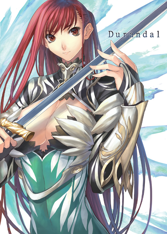 ran'ou (tamago no kimi), 1girl, armor, bracer, breasts, bridal gauntlets, cleavage, cleavage cutout, clothing cutout, dress, feathers, female focus, large breasts, long hair, orange eyes, red hair, solo, sword, very long hair, weapon
